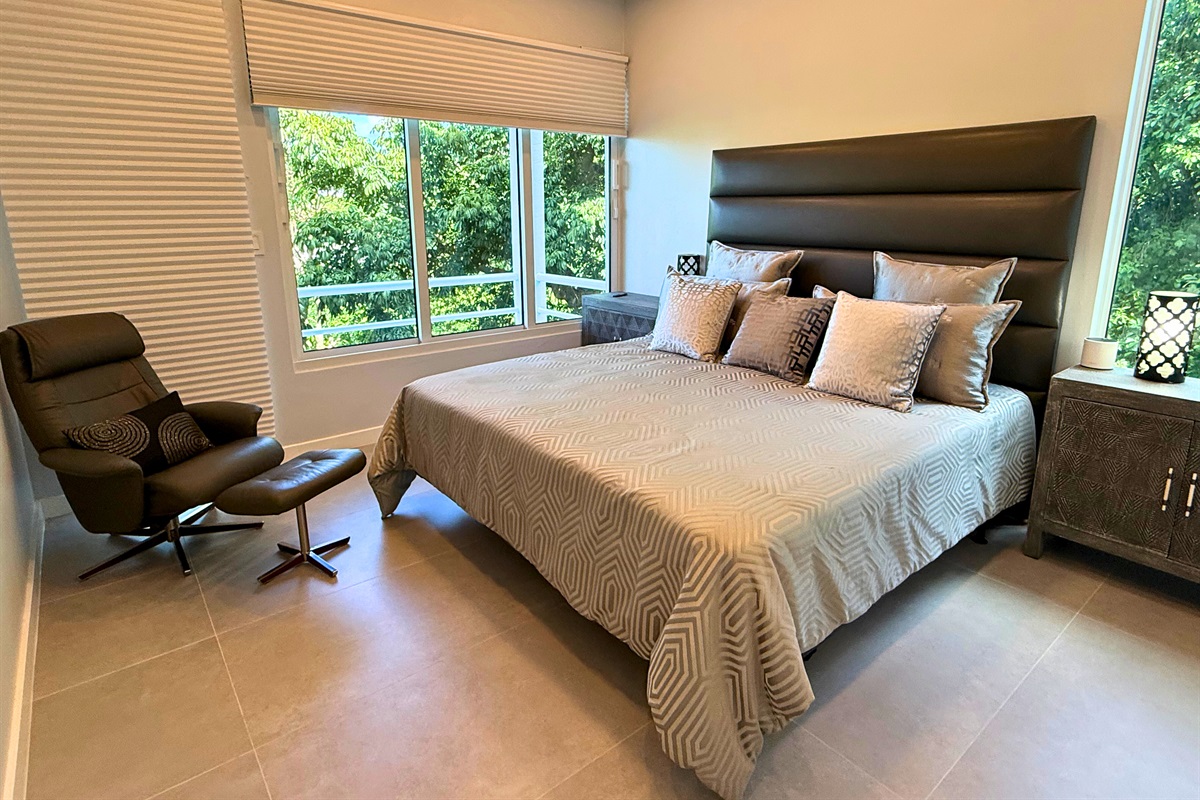The second guest room on this floor has a king bed, ceiling fan and TV