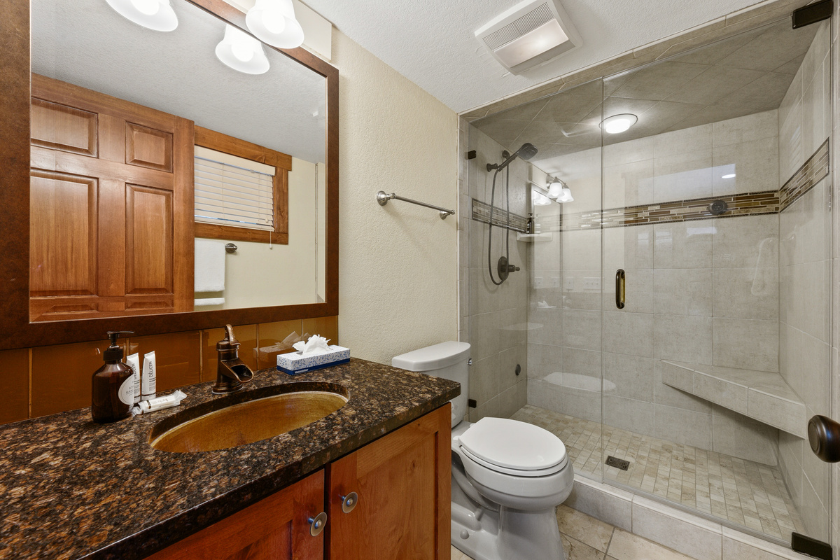 Lower level attached bathroom with shower and small window (not seen in photo). 