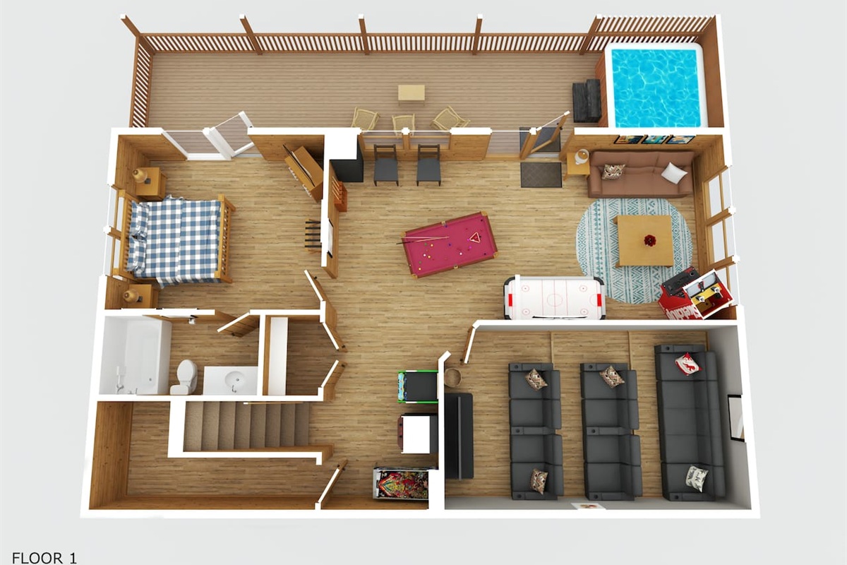 Lower Floor Layout- king bedroom and full bathroom, movie theater room, and game room with arcades, pool table, air hockey, jukebox, extra fridge, TV, and the porch with private hot tub
