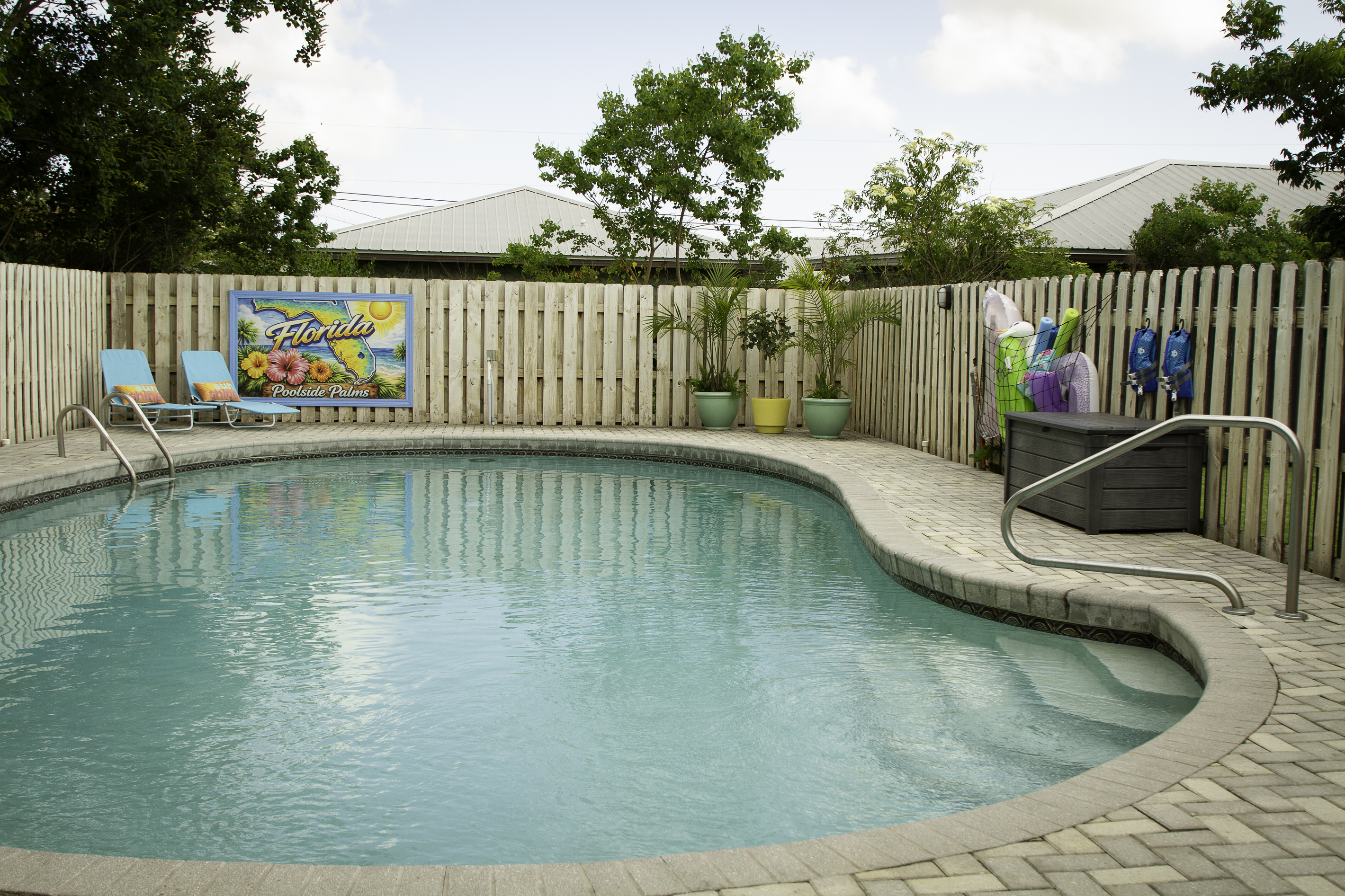 A view of the pool area from the gate