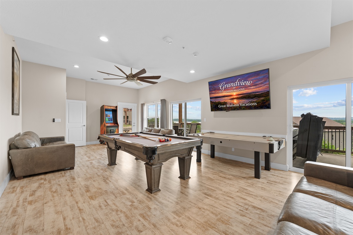 Game Room with Pool Table, Air Hockey Table, 3 Big Couches, and 75" TV!
