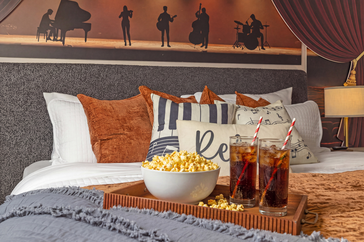 Popcorn and cold drinks set out for a show-night in.