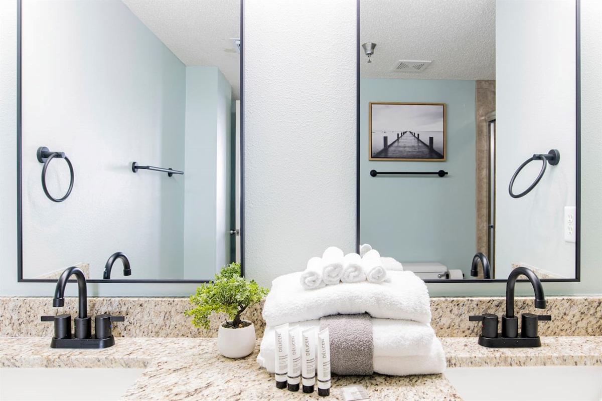 This brand new master vanity has everything you need for a comfortable vacation.