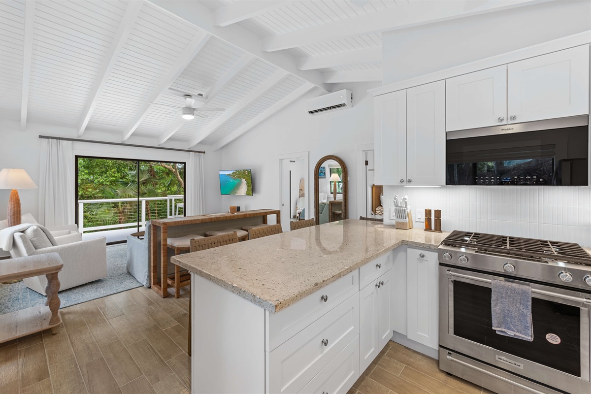 Cabinets are stocked with dining essentials, glassware, kids dinnerware, and more