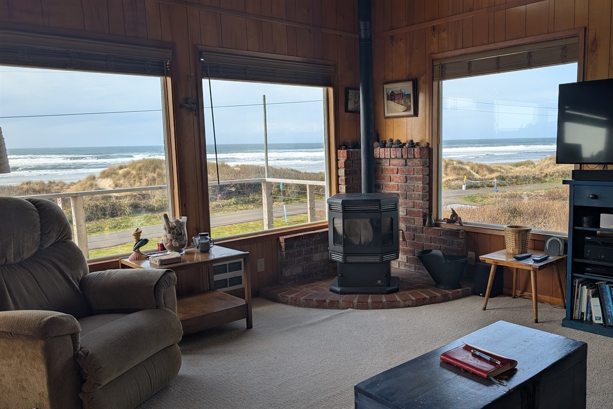living room with pellet stove