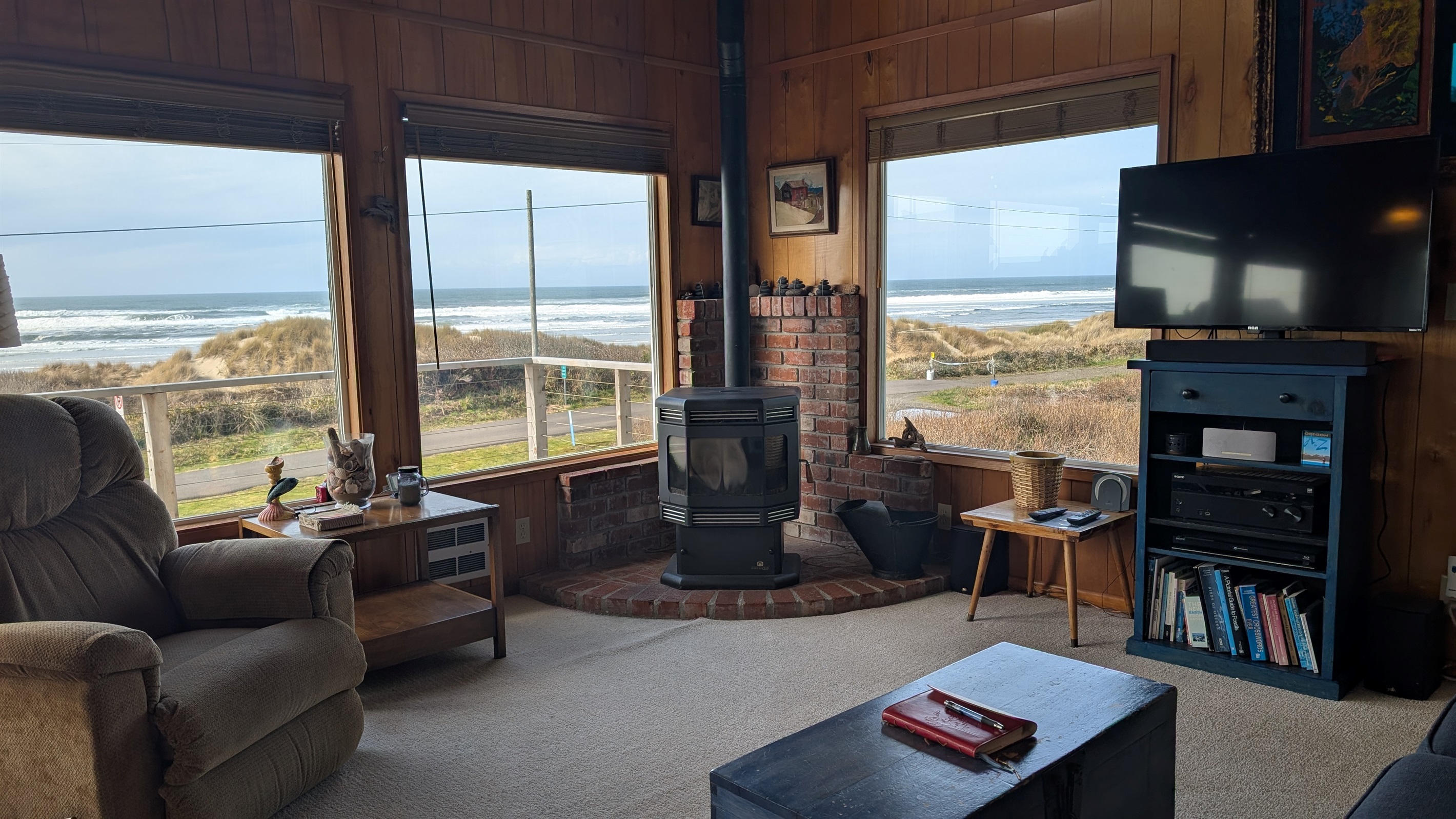 living room with pellet stove
