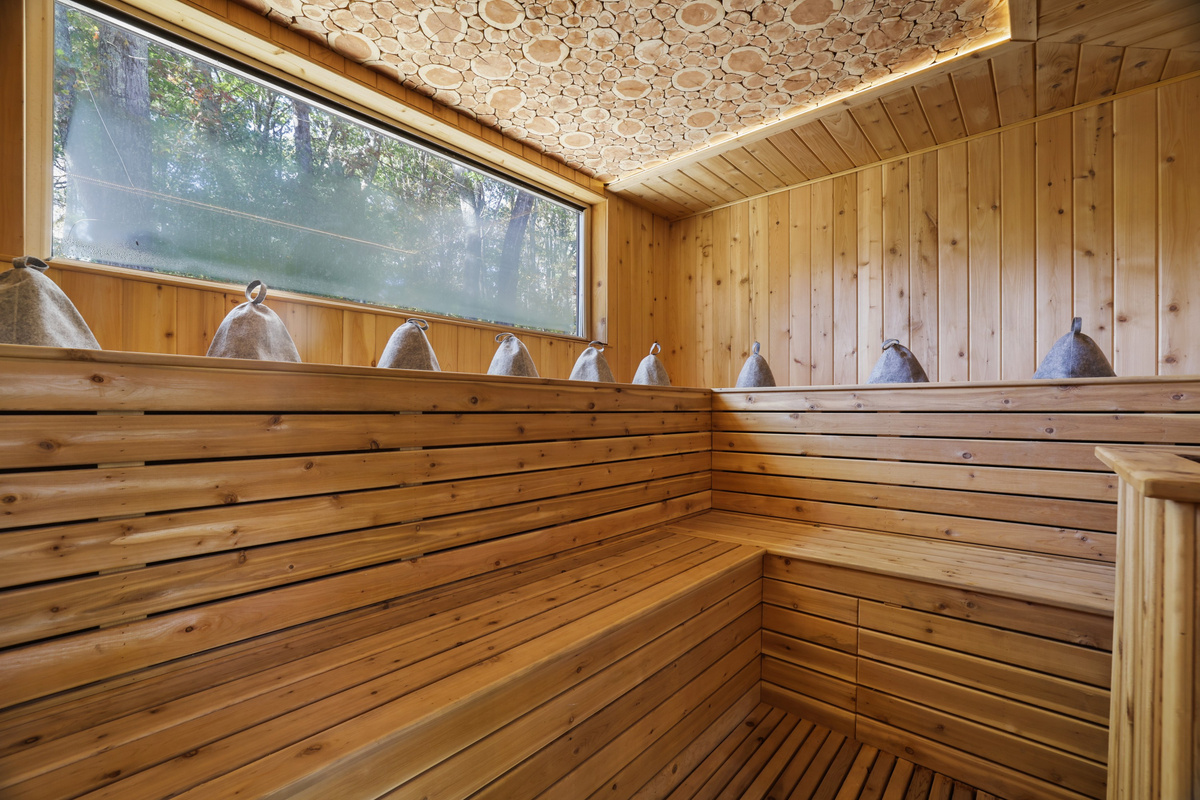 Breathe in warm wood on the tiered sauna benches, a picture window framing the trees