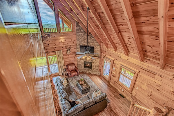 The living room is cozy, especially with a real gas fireplace to enjoy during the cooler months in the mountains 