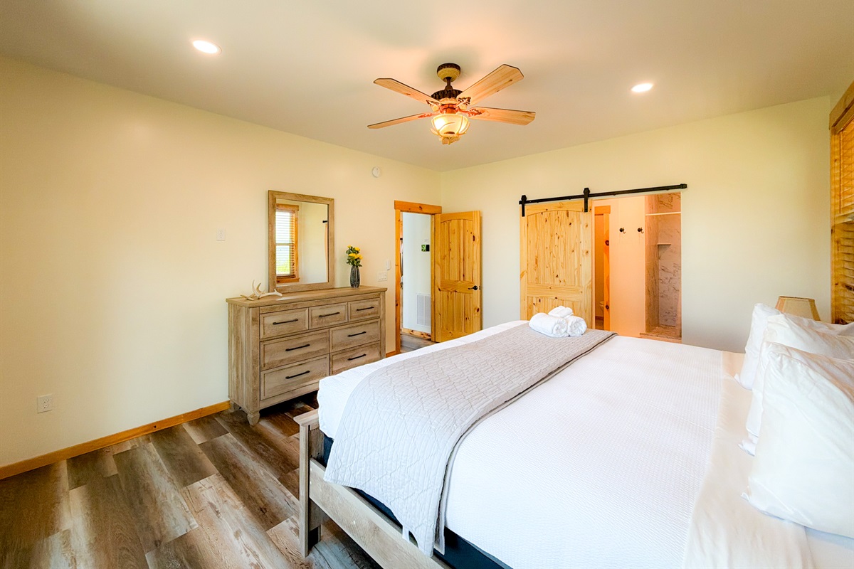 Master Bedroom. Large En-suite bathroom through the beautiful barn doors.