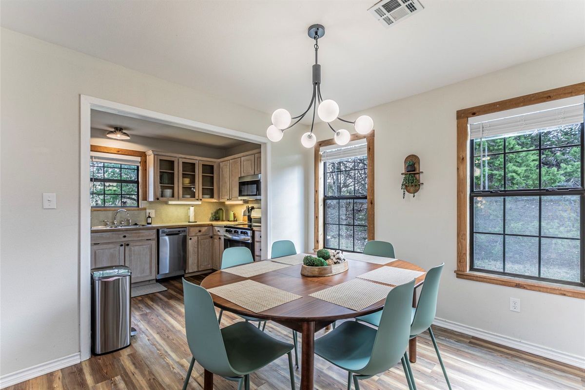Dining area seats six.