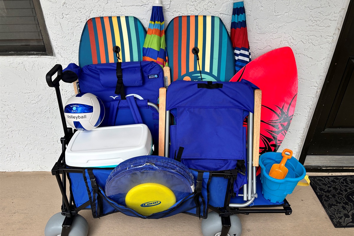 Several of the beach amenities we offer in our storage bin packed and ready to go to the beach!