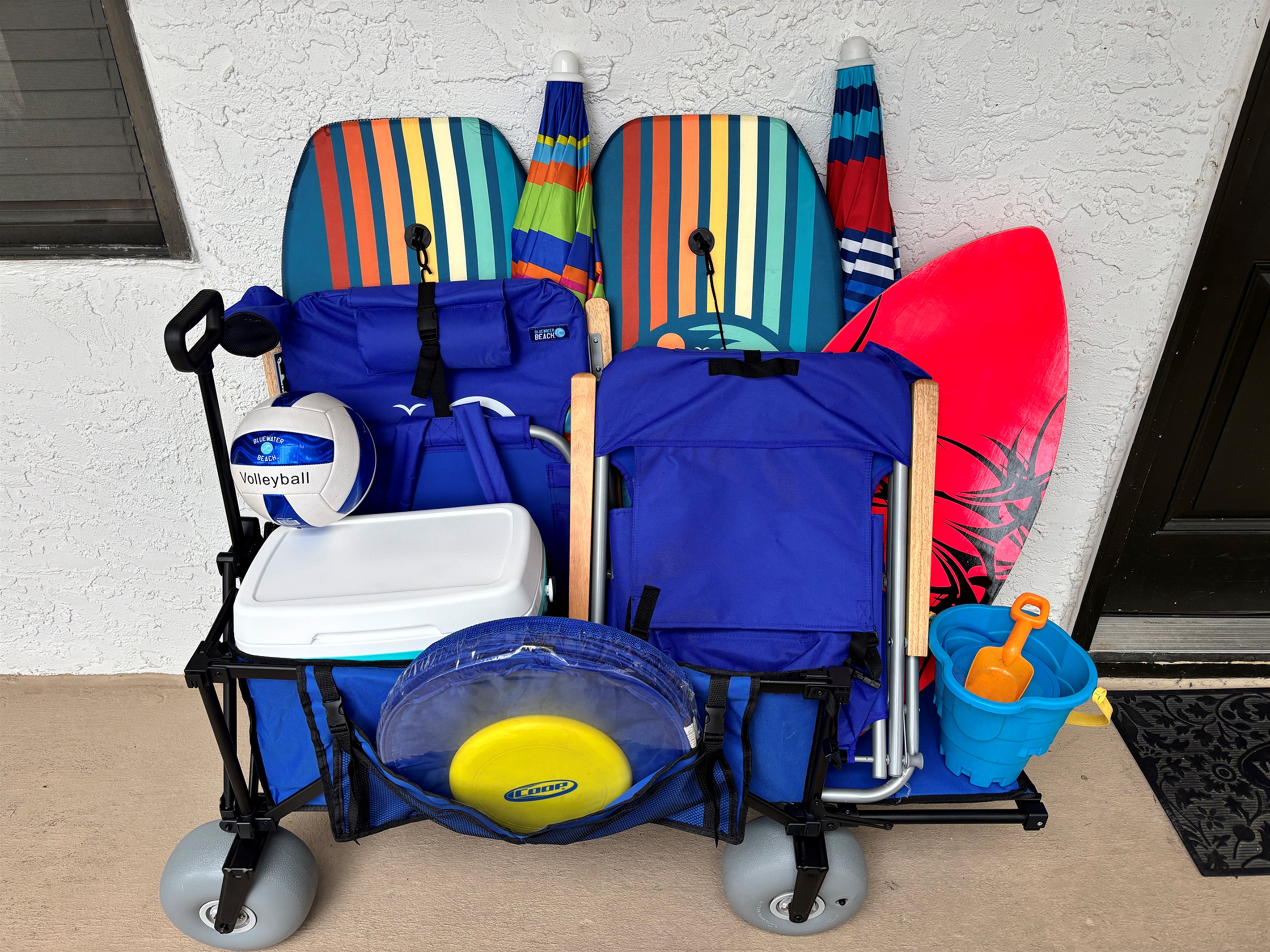 Several of the beach amenities we offer in our storage bin packed and ready to go to the beach!