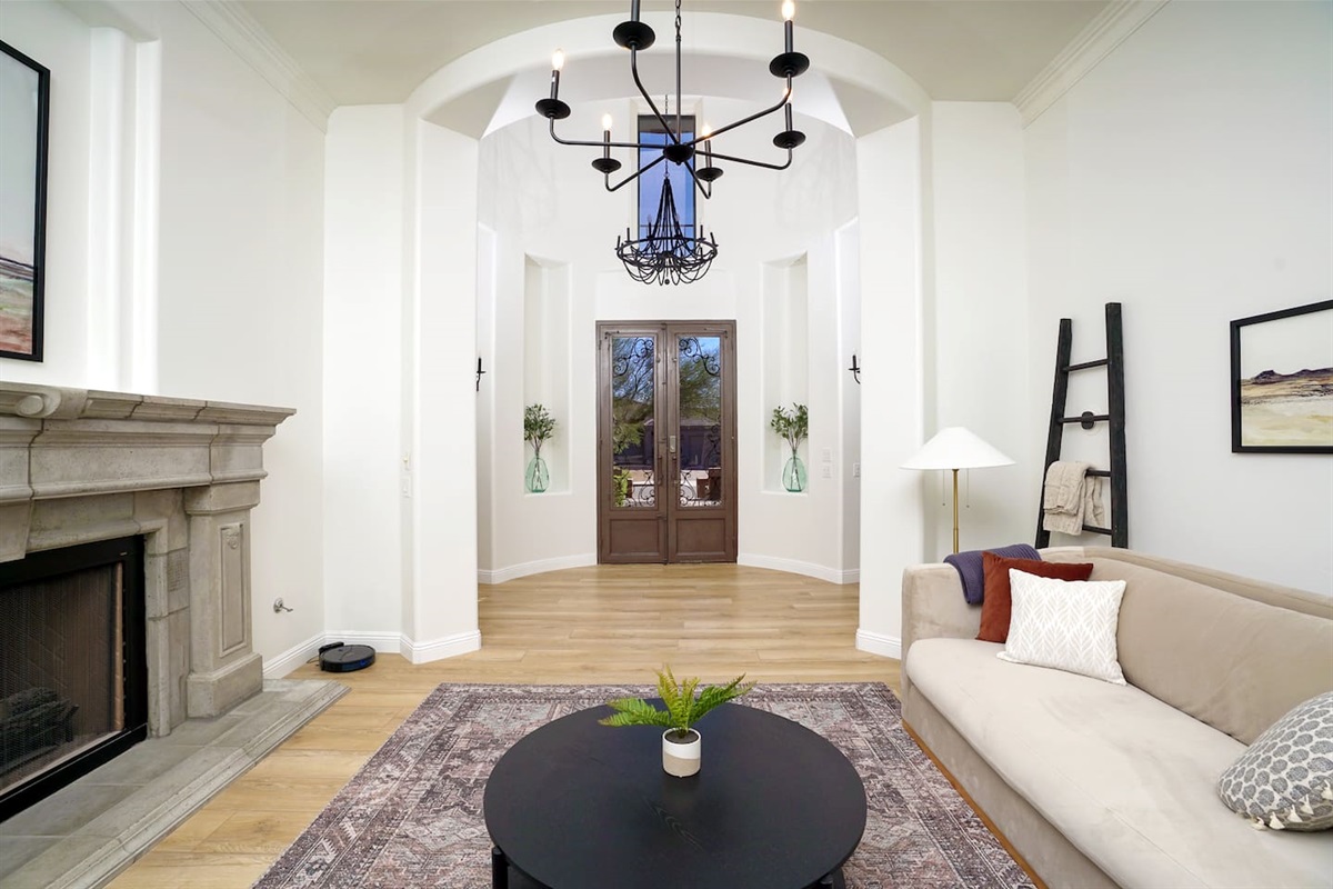 Entry to the estate, a nice sitting area with gas fireplace to get cozy and read or relax.