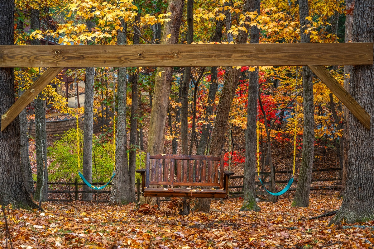 Classic swings plus a bench swing—fun for kids and a peaceful perch for adults