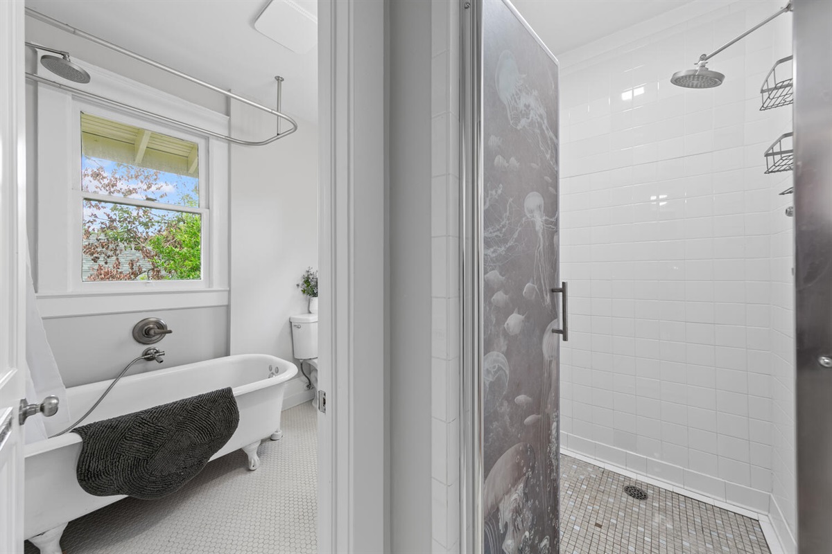 Bath/shower combo and separate shower room are both shown here.