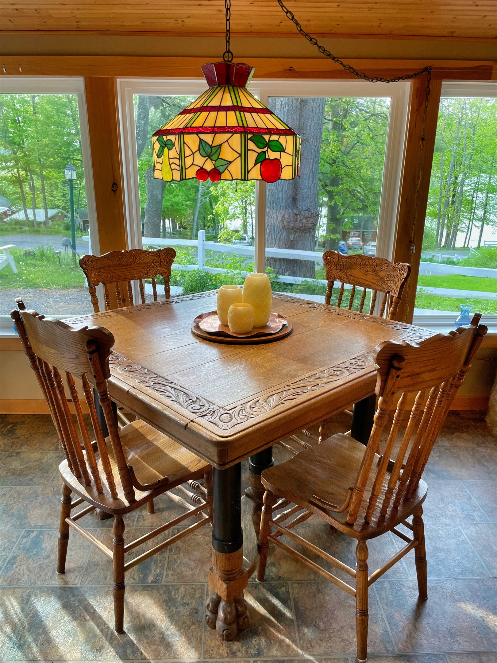 Little Pines - vintage oak dining table overlooking the lakeview.
