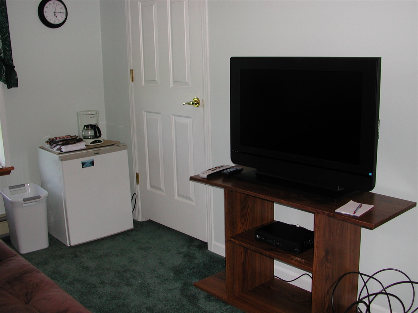 Living area with mini fridge/coffee pot