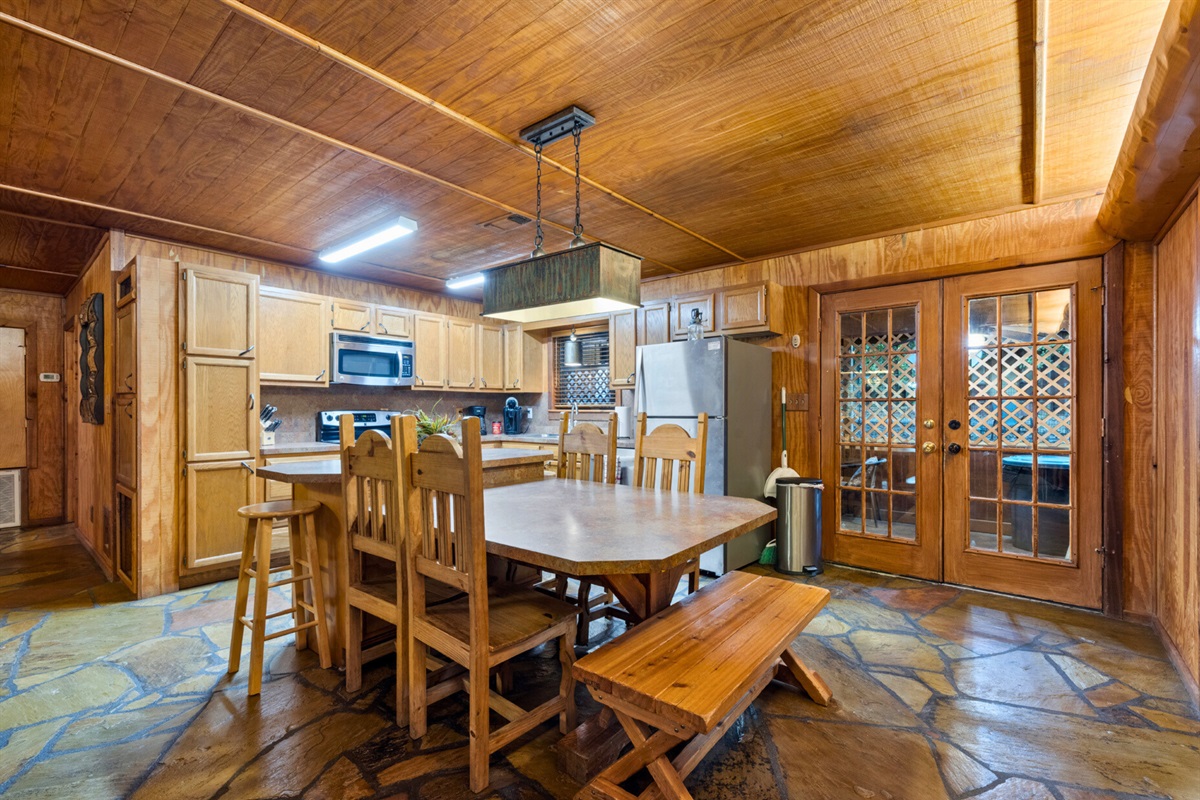 Rustic dining nook with woodsy charm.