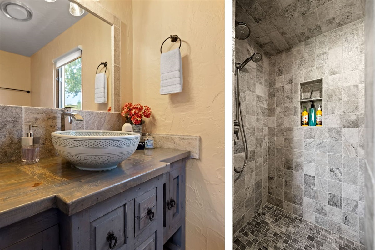 Hall bathroom with travertine stone rain shower