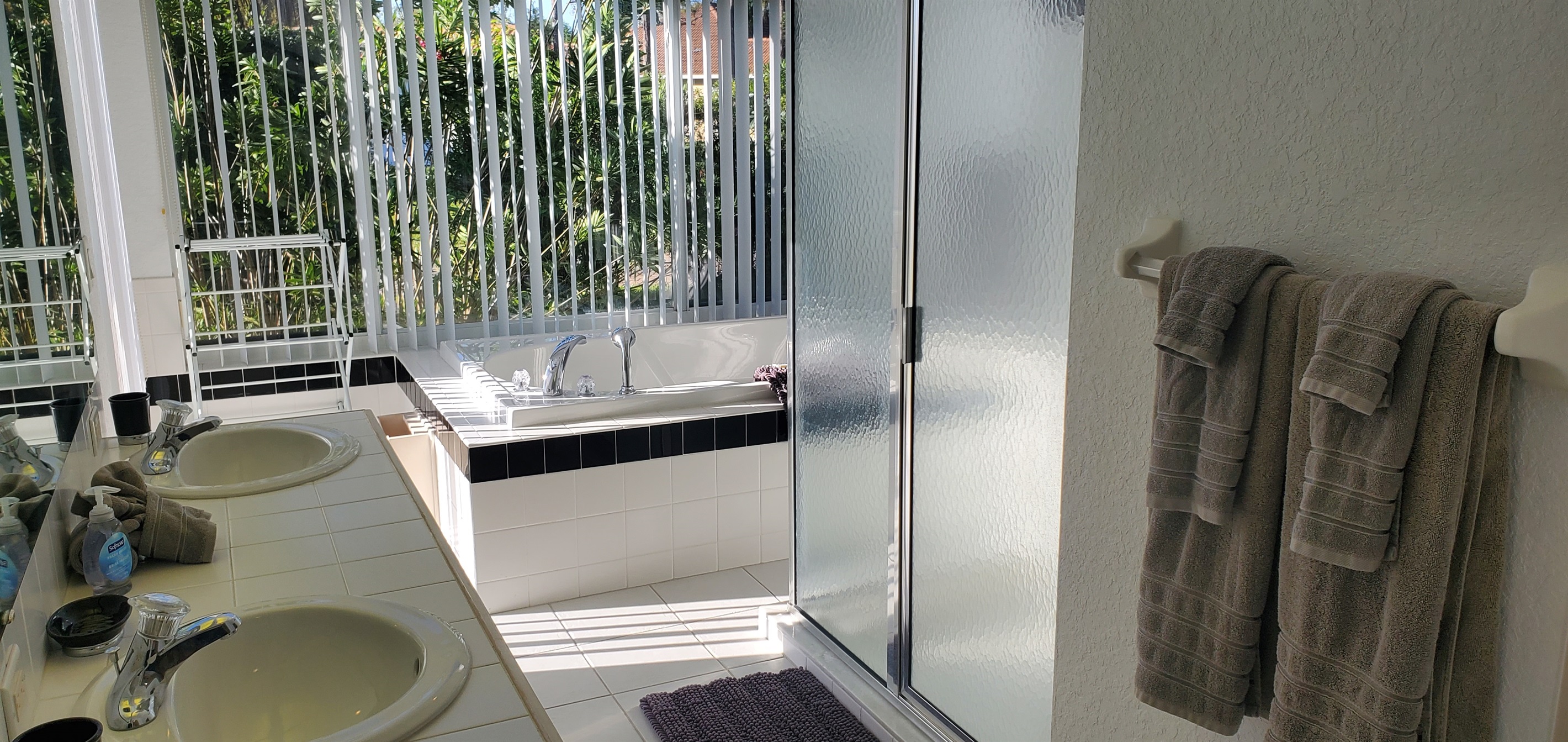 Queen bedroom private bathroom with sunk-in tub and walk in shower