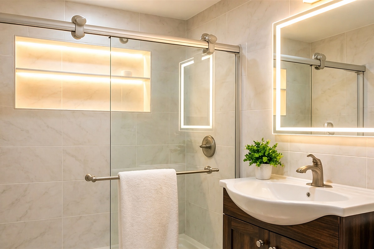 Bathroom 2 - Modern bathroom with large walk-in shower and dual vanity mirrors