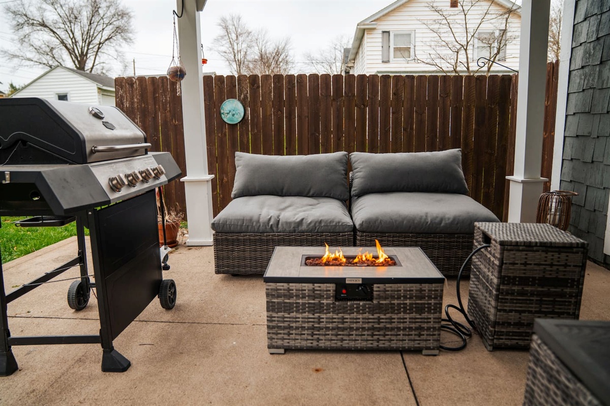Propane fireplace with seating for 2-4 and grill to make your favorite grilled entree. Propane is provided