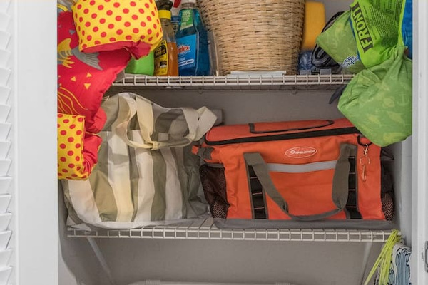 Beach Gear Closet including 2 beach chairs, beach wagon, sand toys, floaties, boogie board, beach bag, and cooler!  