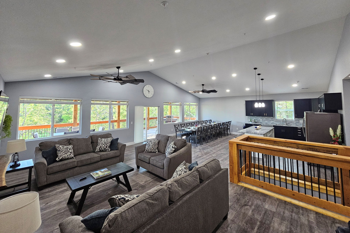 Bright, spacious great room with panoramic Ozark views.