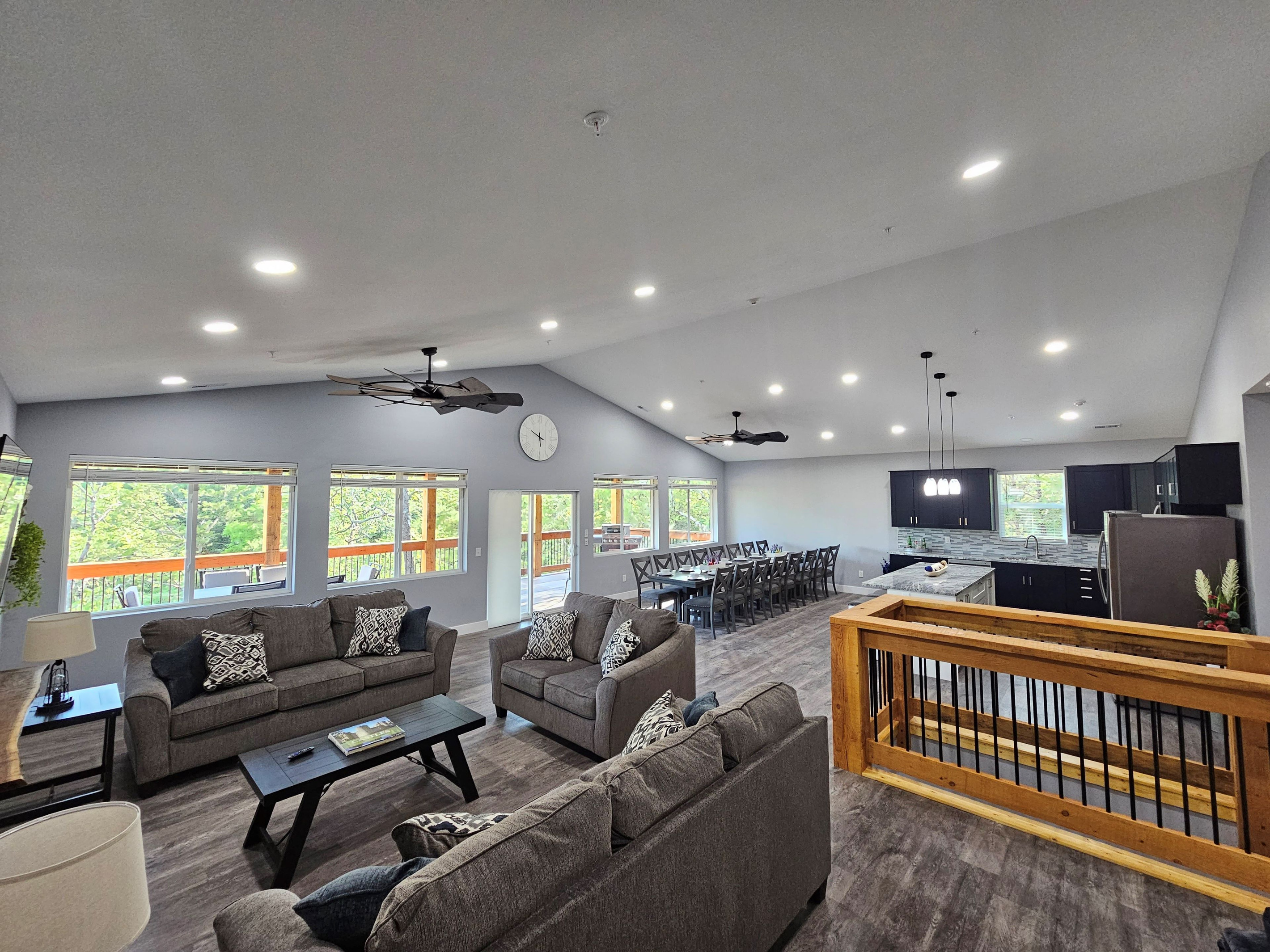 Bright, spacious great room with panoramic Ozark views.