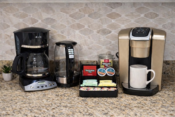 “Enjoy our complimentary Coffee & Tea Bar featuring drip coffee, Keurig, and premium Yorkshire Tea.”