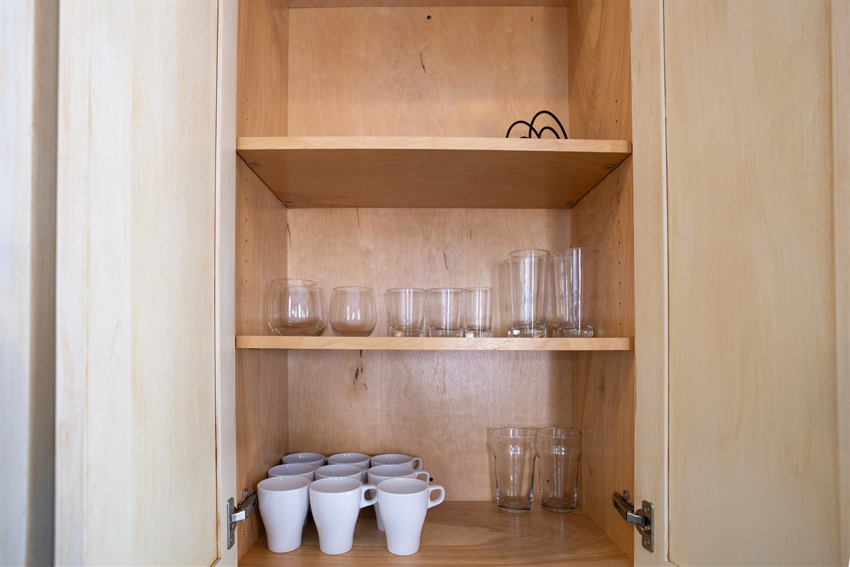 Clear, ready-to-use glassware neatly stored for your convenience.