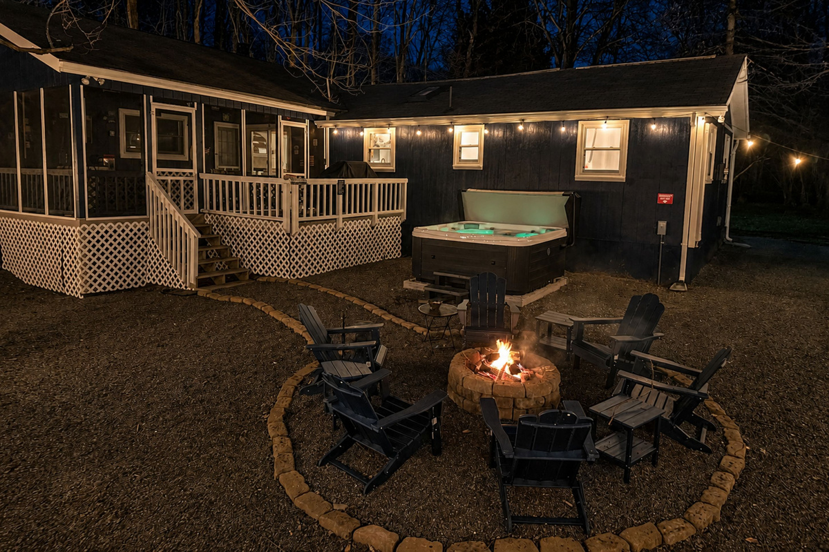 Backyard at night with firepit and hot tub