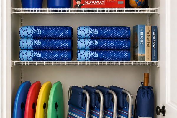 Beach chairs, boogie boards, sun umbrella, beach toys, and board games