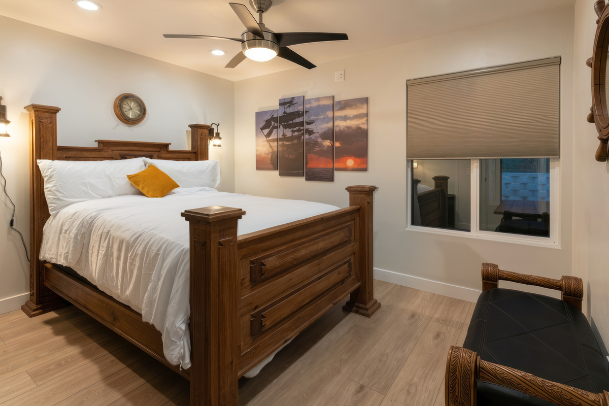 Queen bedroom with closet space and dresser