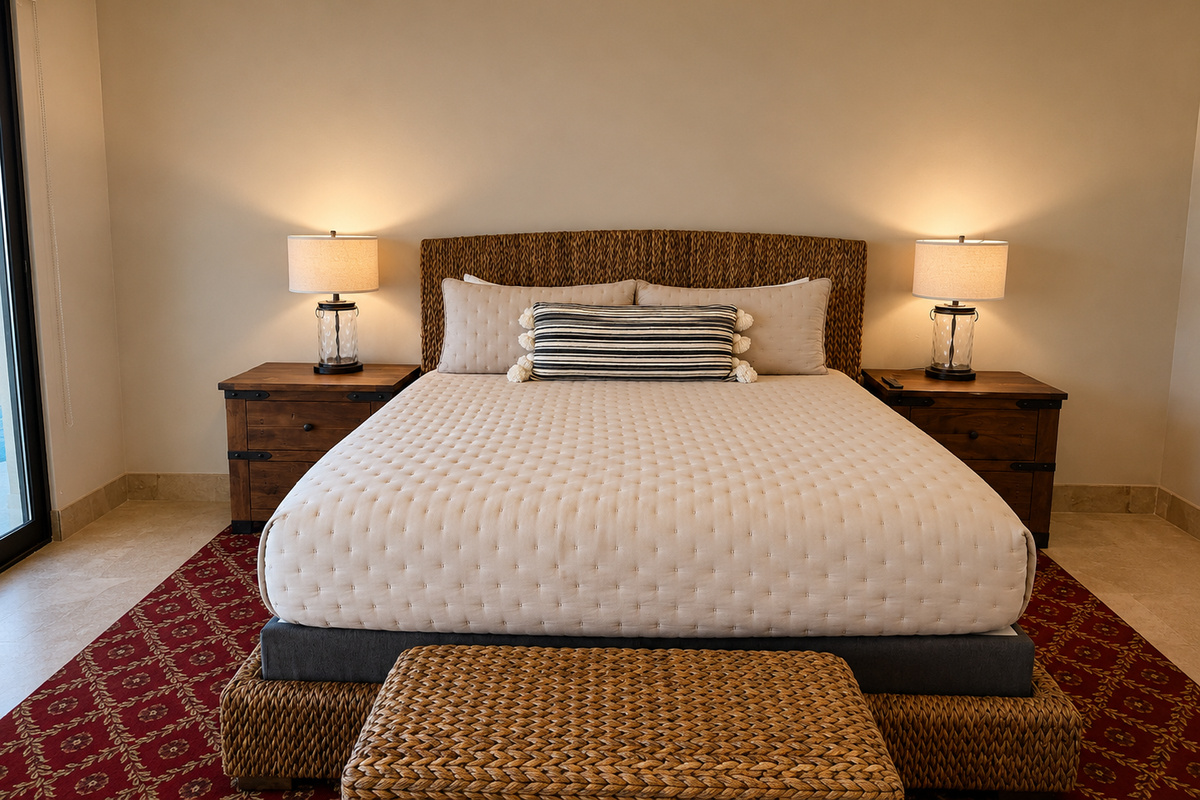 Primary Bedroom: Located in the main house, this spacious retreat features a king-size bed, Smart TV, ceiling fan, beautiful Sea of Cortez views, patio access, and a luxurious en-suite bathroom.