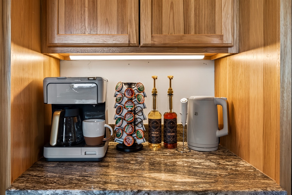Start your day right with the Coffee Bar - single cup or a pot for the group. Comes with organic coffee pods, real cane sugar flavored syrups and a frother. 