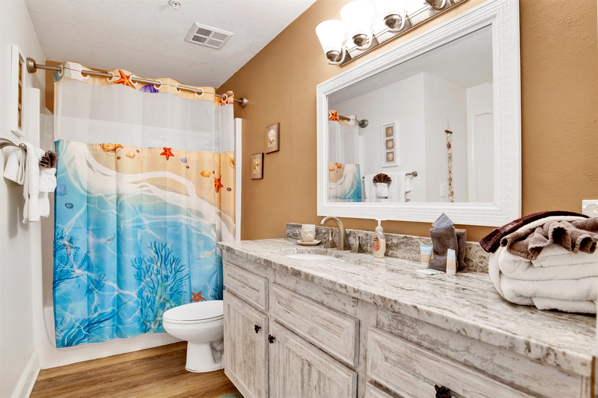 Main bathroom with a tub/shower combo and extra long vanity with granite top. This bathroom has 2 doors, 1 goes directly into the 2nd bedroom and the other goes in to the living area