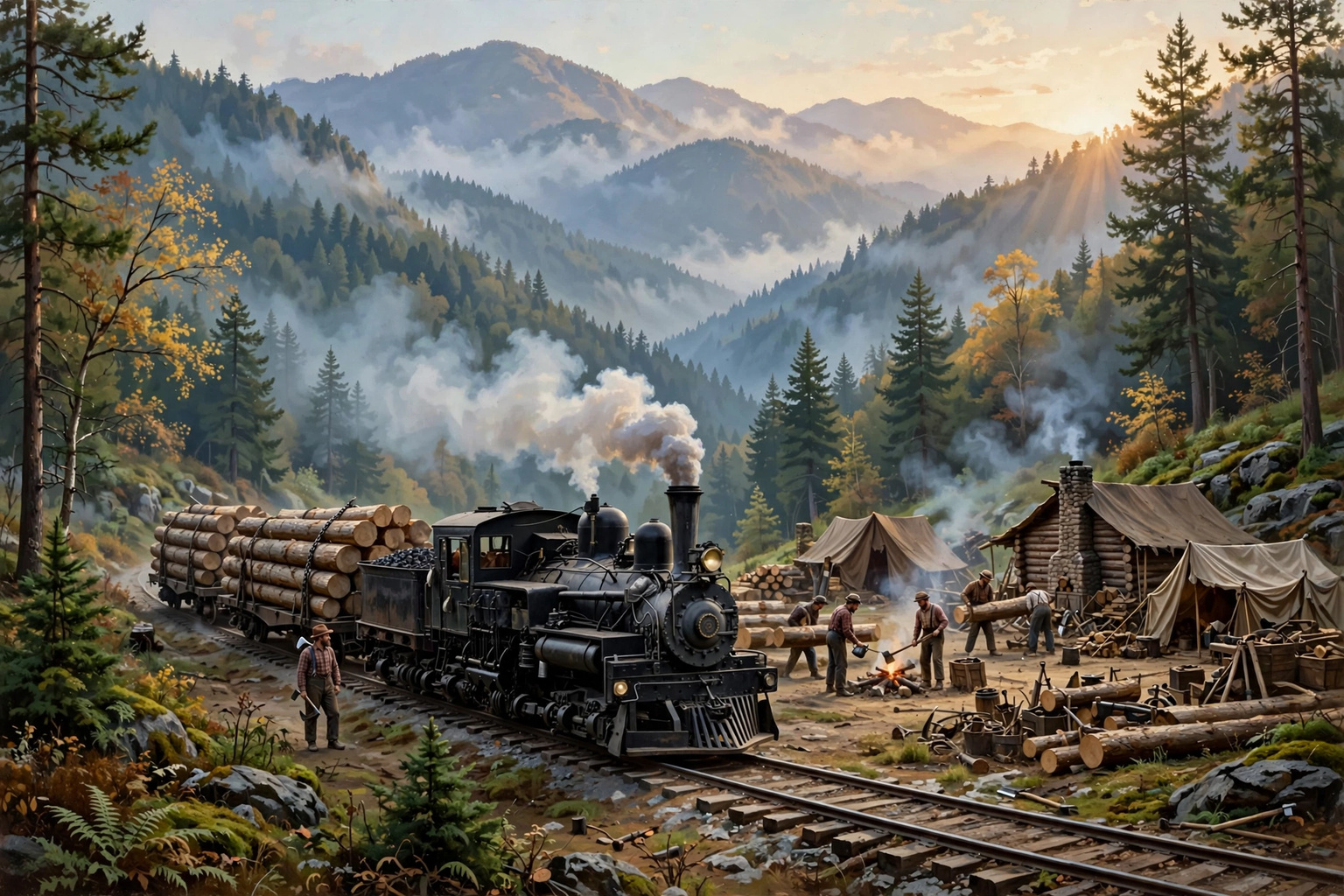 Illustration of a Shay logging locomotive hauling timber in the Smokies