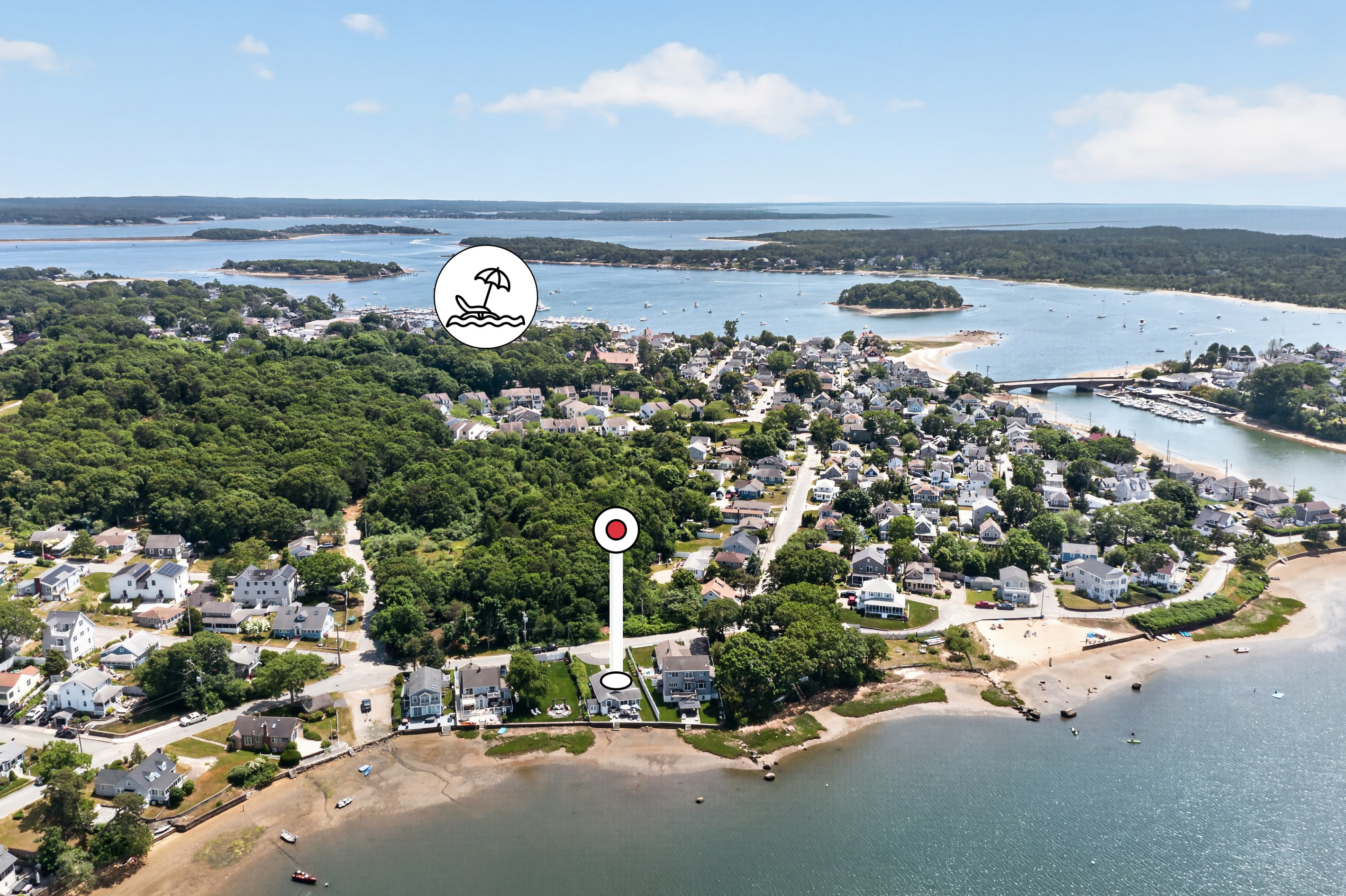 Bird's-eye view of the property's prime waterfront location, surrounded by beautiful coastal scenery.