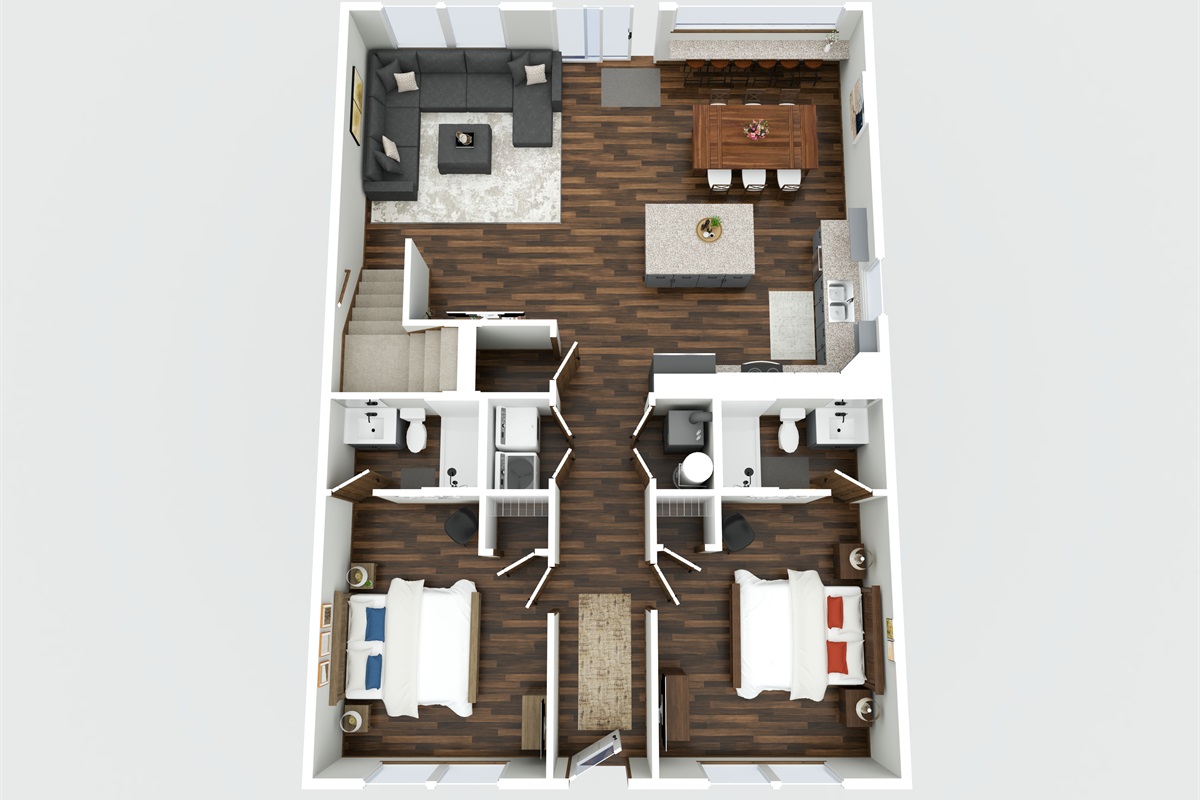 First floor: open living, kitchen and dining plus two king bedrooms with ensuite baths.