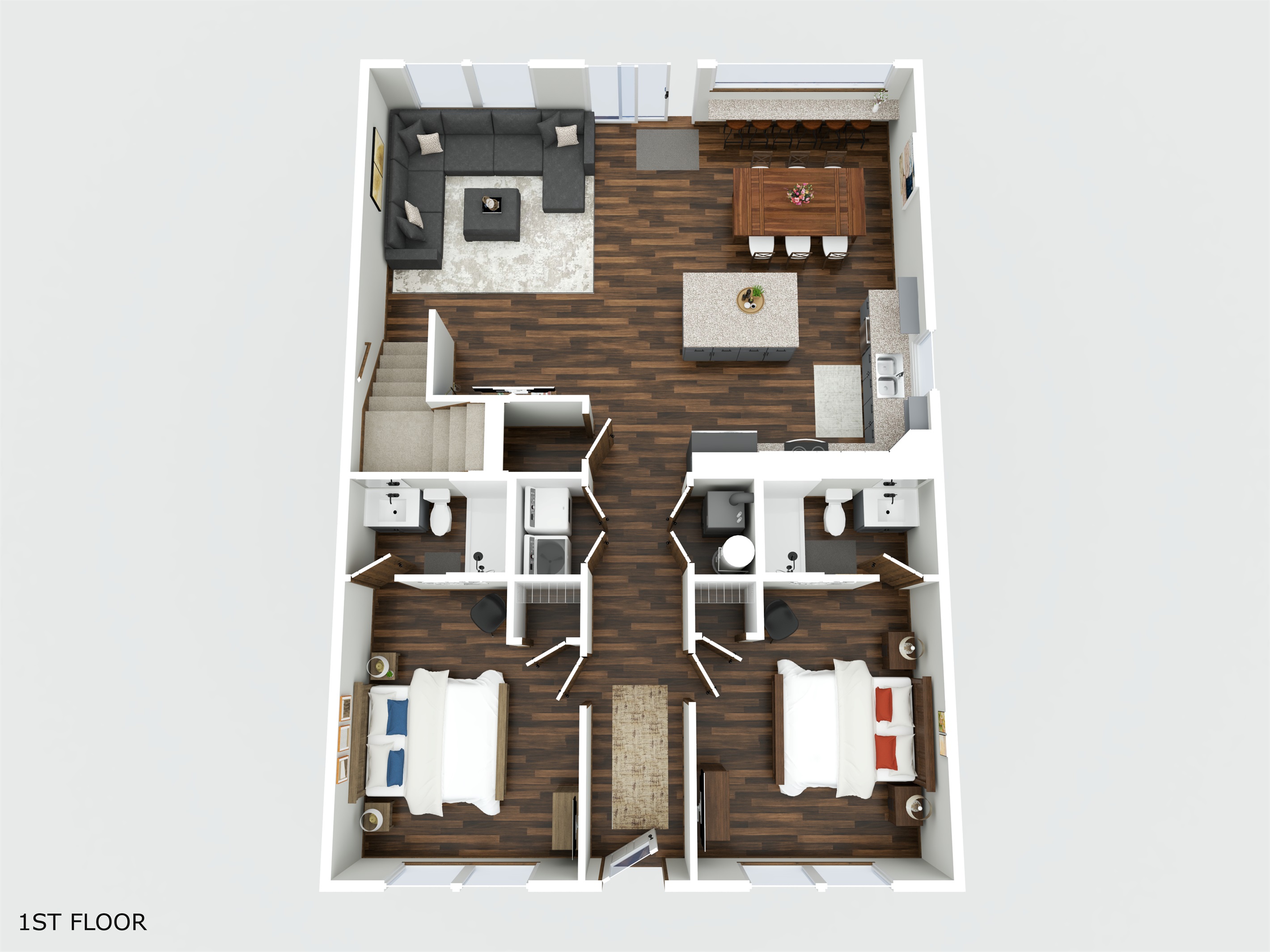 First floor: open living, kitchen and dining plus two king bedrooms with ensuite baths.