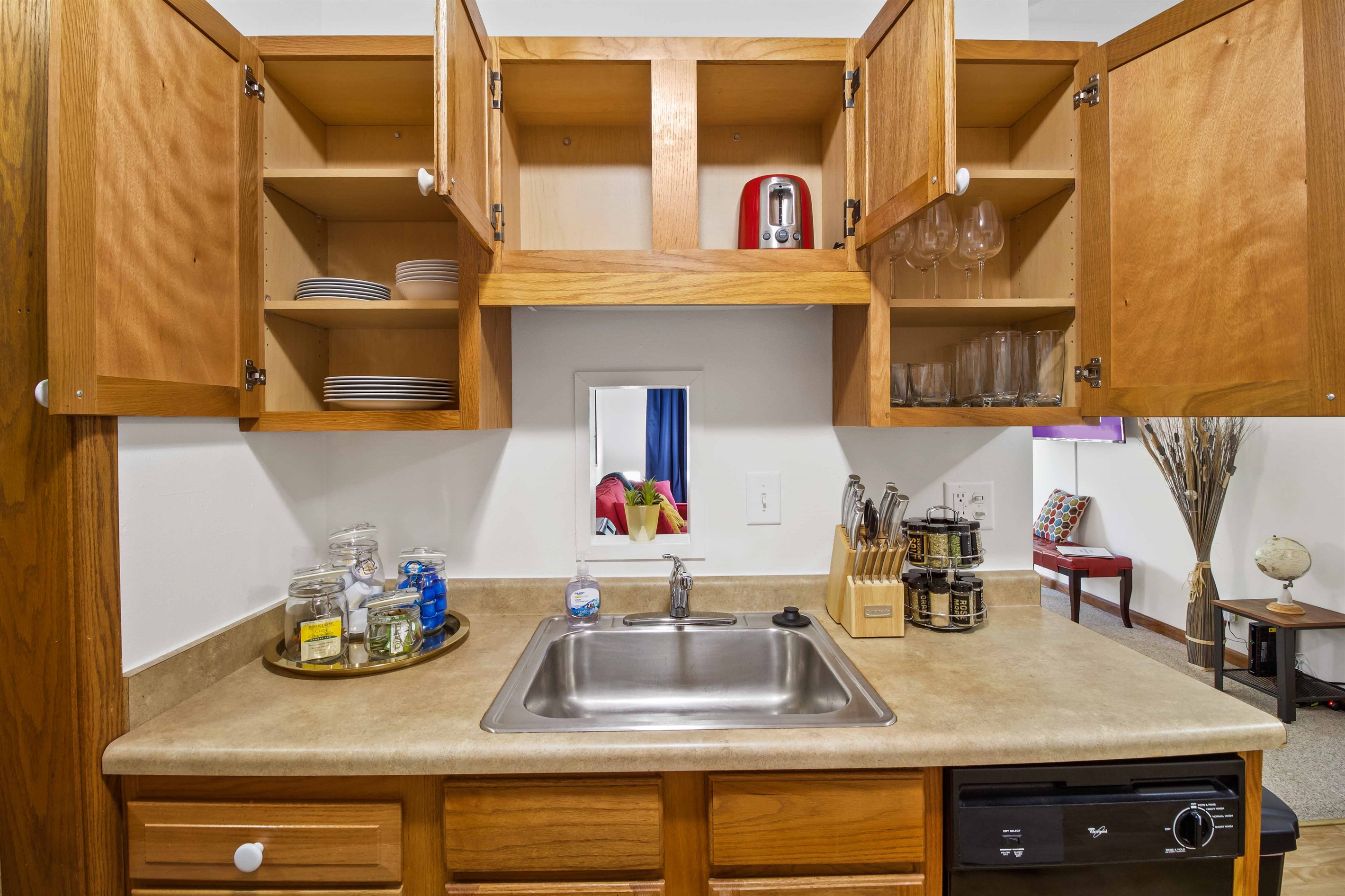Our kitchen has everything you need for feasting on carry out or cooking your own meal.