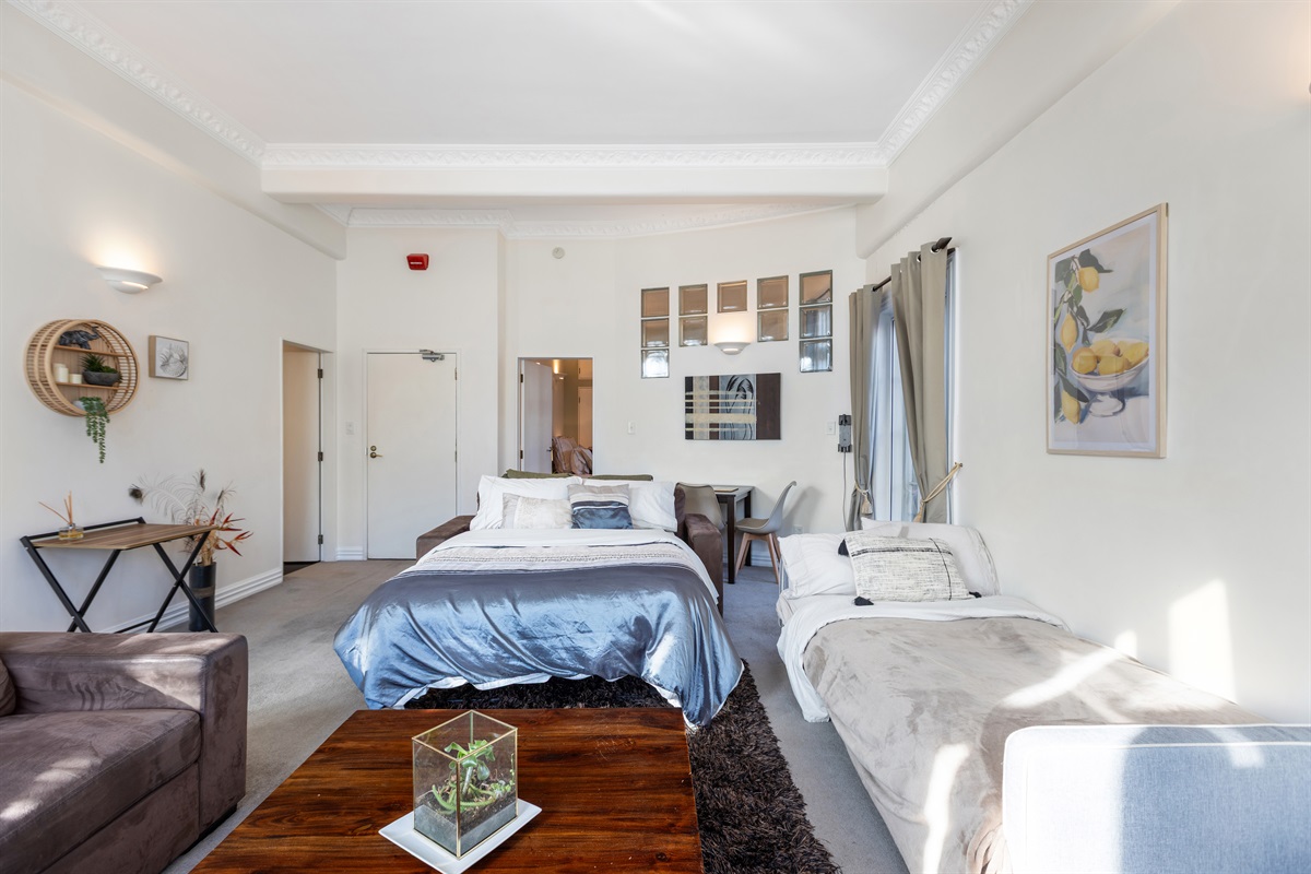 Lounge room with both sofabeds made up