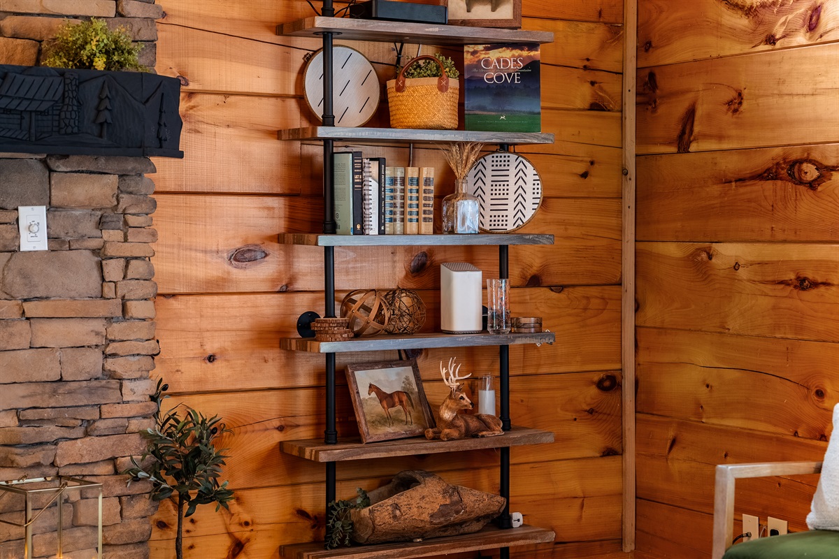 Rustic industrial shelving styled with thoughtful mountain-inspired décor adds warmth and character to the cabin’s cozy living space.
