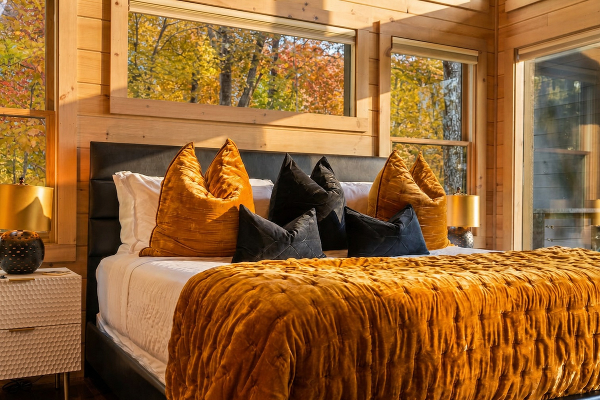 Oversized windows fill the space with natural light and breathtaking outdoor views by day, with pull-down curtains for cozy privacy at night.