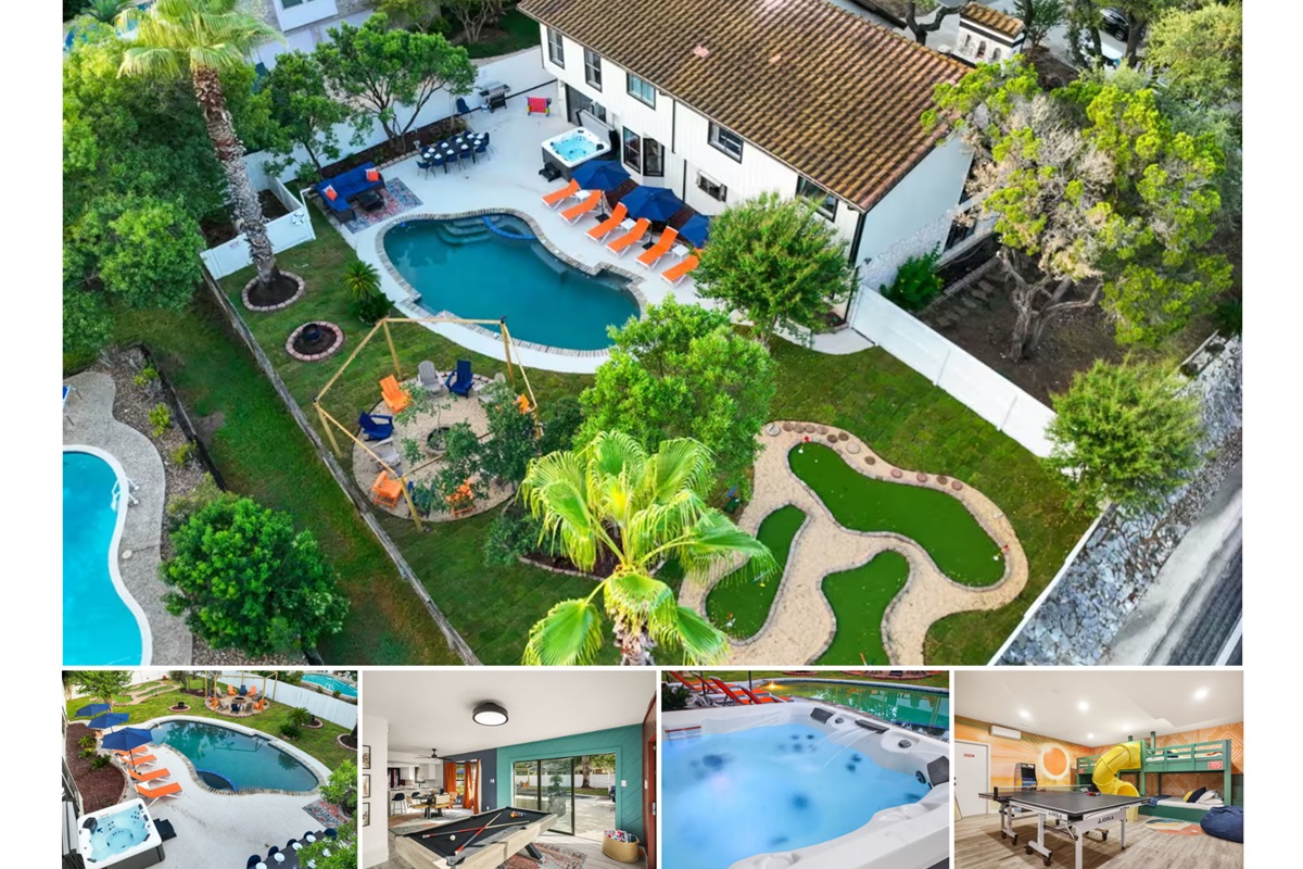 End your day in the warm, bubbling hot tub as the backyard opens around you—resort-style pool, fire pit lounges, mini-golf, and plenty of space to unwind. Inside, enjoy a lively game room with ping pong plus a separate pool table room for even more fun.