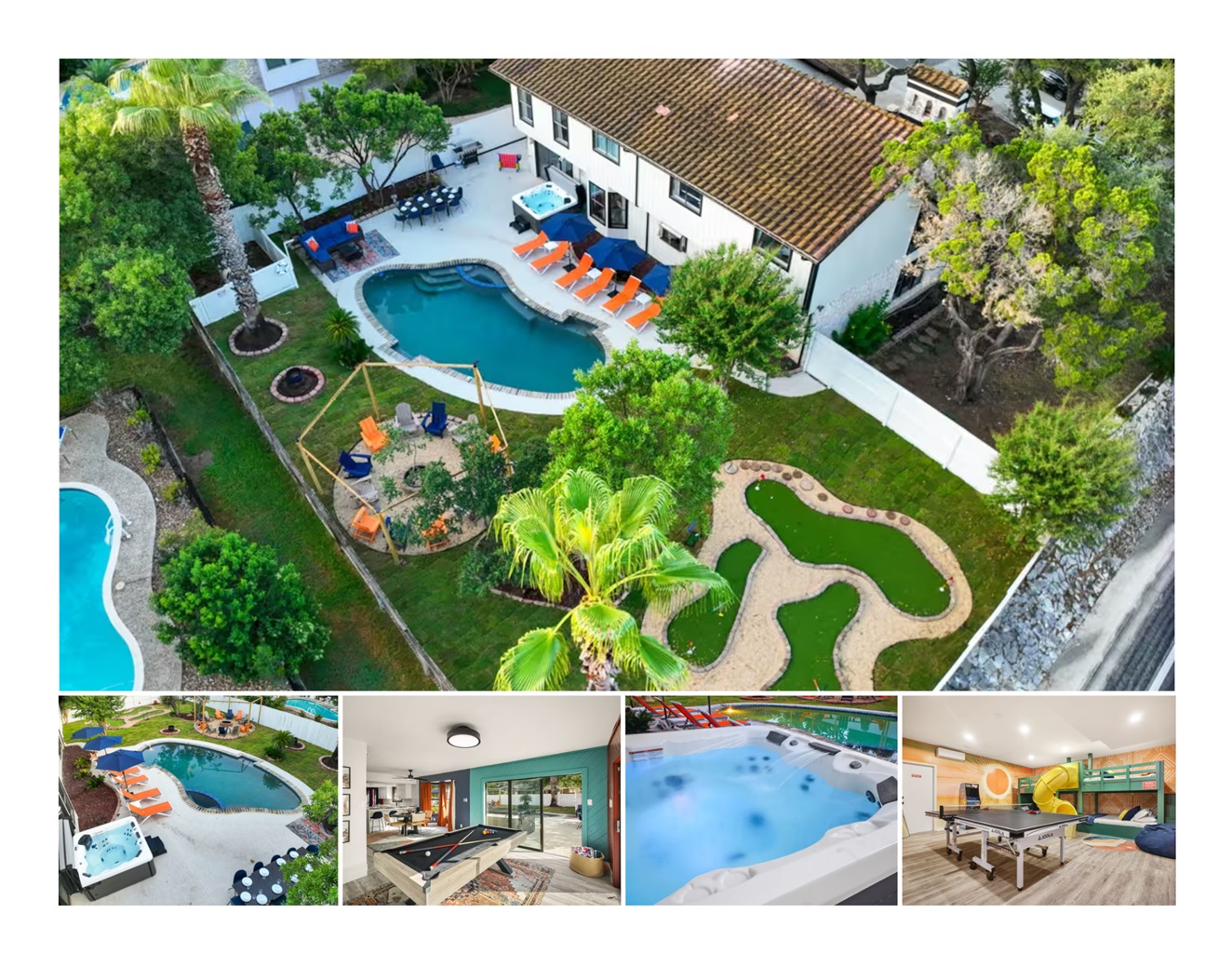 End your day in the warm, bubbling hot tub as the backyard opens around you—resort-style pool, fire pit lounges, mini-golf, and plenty of space to unwind. Inside, enjoy a lively game room with ping pong plus a separate pool table room for even more fun.