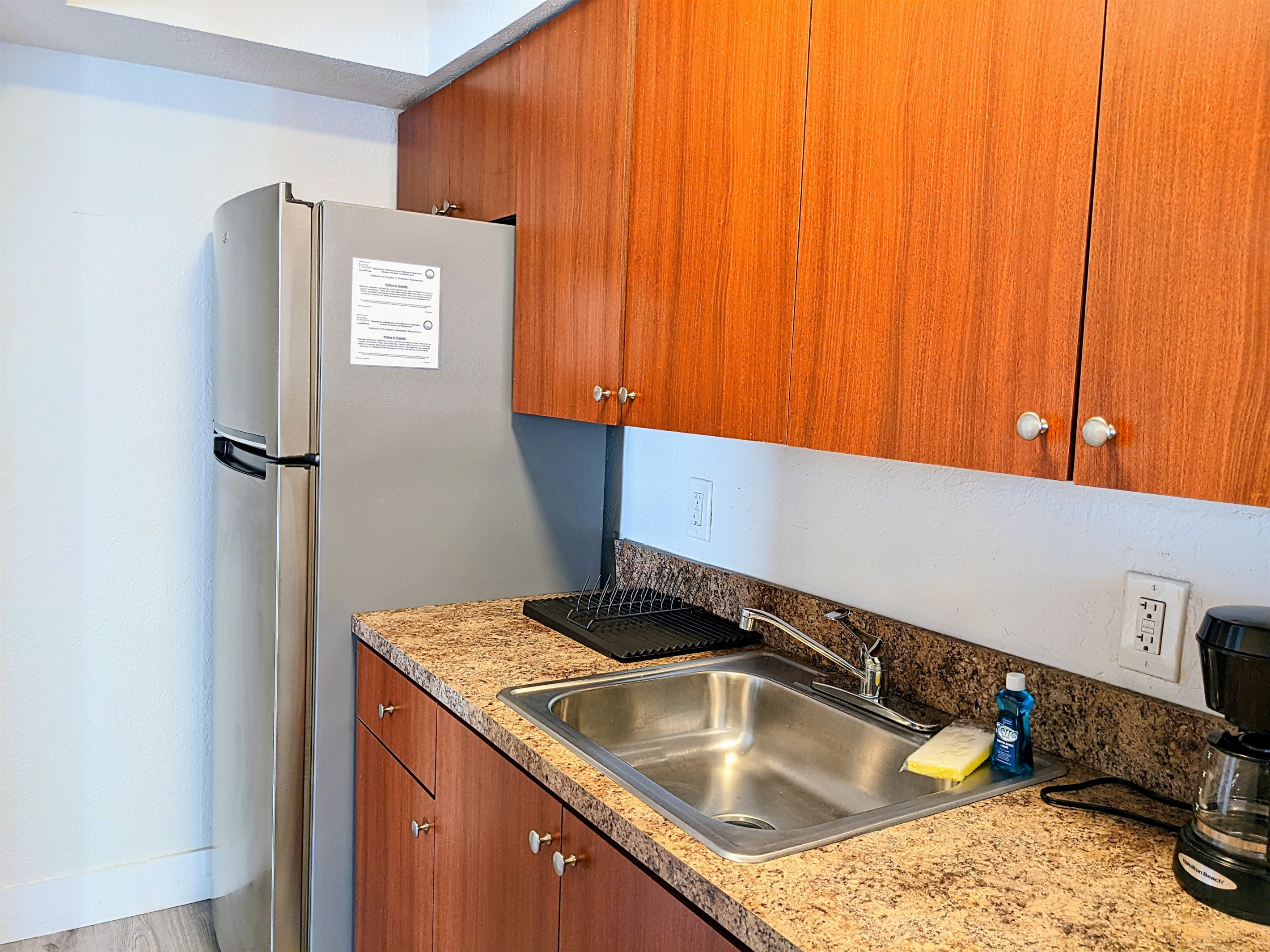 Stainless steel throughout. 2 min video tour link sent after booking includes all open cabinets in order to show kitchen supplies.