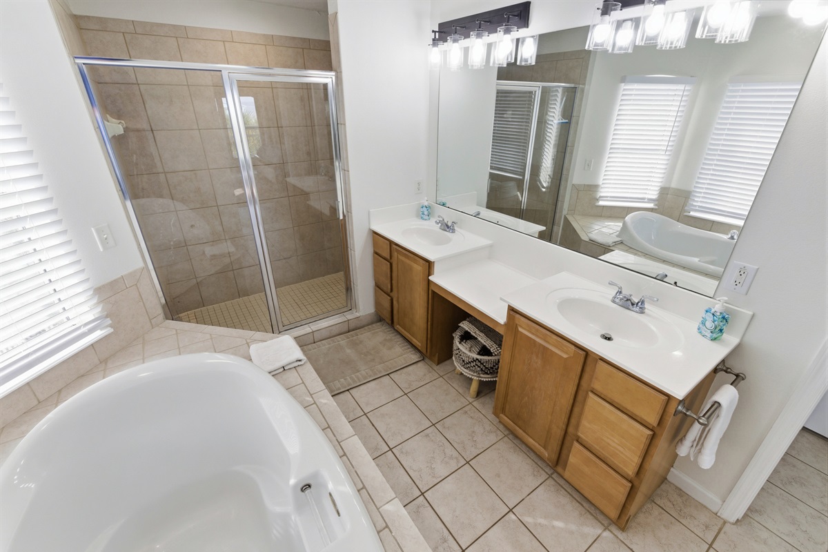 Double sinks and large walk in shower
