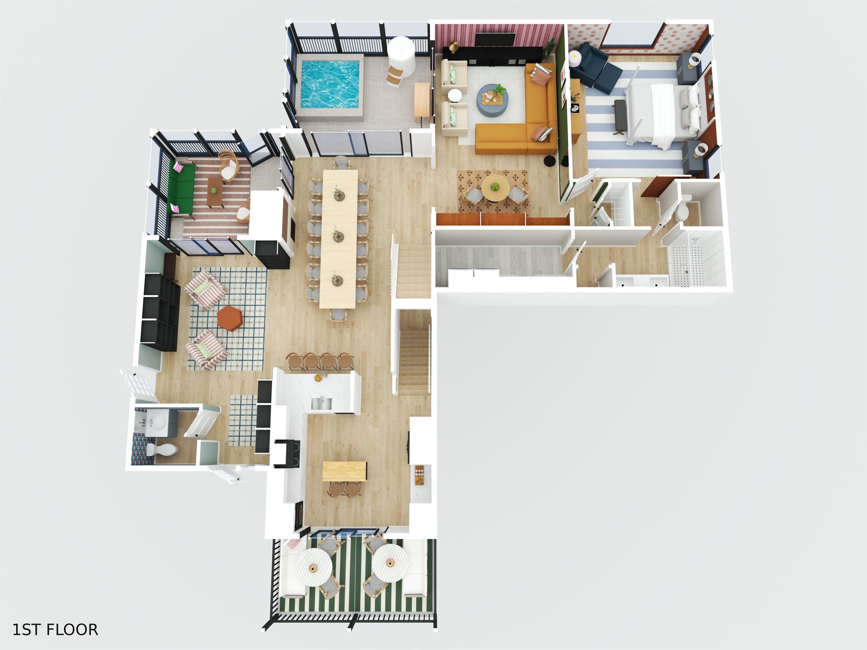 Let us initially give you an overview 3D layout of the first floor, and each consecutive picture will tour you through the first level. A second 3D layout of the second floor awaits you for the same tour upstairs.